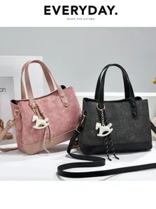 Korean style spliced handbag tote bag casual shoulder bag with cute horse charm everyday use