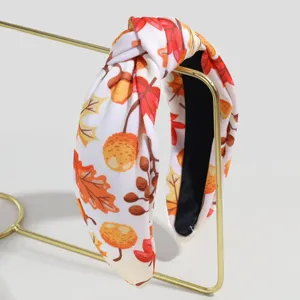 Autumn leaf acorn print knotted headband detailed view, soft fabric daily hair accessory.