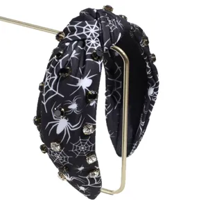 Fashion black knotted headband with spider web rhinestones for Halloween party wear.