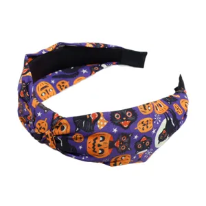 Fascia per capelli in tessuto viola con gatto nero zucca Halloween accessorio moda