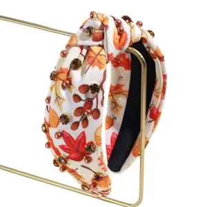 Autumn Maple Leaf Knotted Headband with Rhinestones and Pearls Hair Accessory for Women