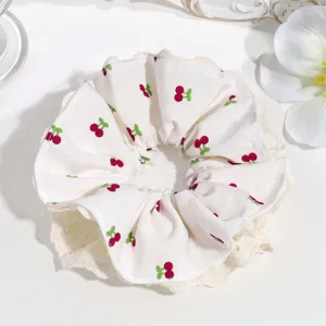 Sweet cherry print lace hair scrunchie cute white fabric hair band daily styling accessory