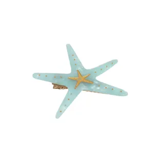 Pinza de pelo de estrella de mar azul con detalles dorados, bonito pasador para uso diario.