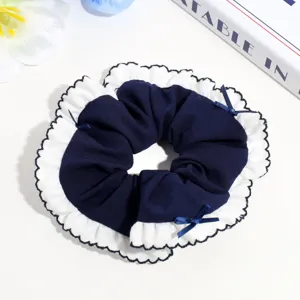 Double layer college style sweet hair scrunchie with cute ruffles and bows for women detail.