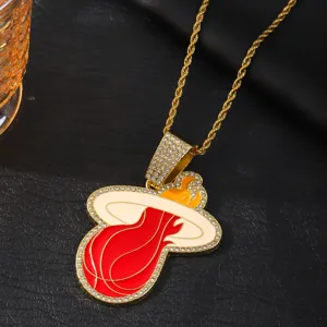 Basketball team logo rhinestone pendant necklace detailed view, sparkling fashion jewelry.