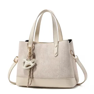 Chic beige canvas PU leather patchwork tote handbag stylish large capacity casual crossbody bag
