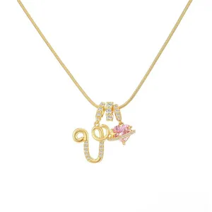 Gold-plated letter and pink crystal heart planet pendant necklace for women daily chic jewelry