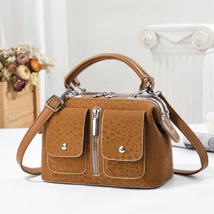 Bolso de mano Boston marrón vintage para mujer, elegante bolso doctor con bolsillos frontales.