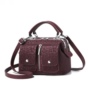 Bolso de mano Boston burdeos vintage con dos bolsillos frontales, bolso cruzado retro mujer