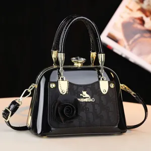Borsa da Donna Vintage in Pelle Verniciata con Rilievo Chiusura in Strass Charm a Fiore Borsa a Tracolla Pendolare per Donna