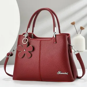 Elegante Borsa a Mano da Donna Motivo Litchi Ciondolo a Fiore Pelle PU Tracolla Borsa a Spalla Pendolare Cartella da Donna