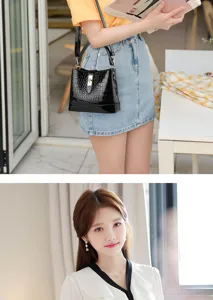 Élégant sac seau en cuir verni motif crocodile noir avec serrure métallique chic.
