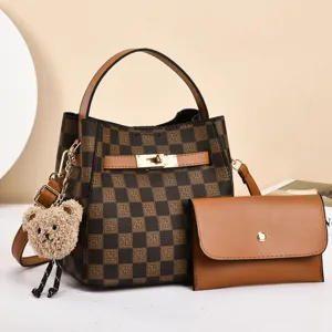 Sac Seau Bandoulière en Cuir PU à Monogramme Carreaux Vintage pour Femmes Sac à Main Classique Avec Pochette