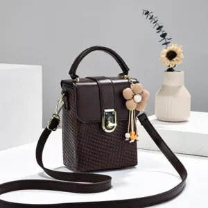 Vintage Vrouwen PU Leder Geweven Mini Box Crossbody Tas Prachtige Slot Sluiting Kleine Telefoontas Met Bloemenhanger Messenger Tas