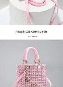 Pink tweed handbag detail shot, featuring delicate gold hardware, elegant pink leather handle.