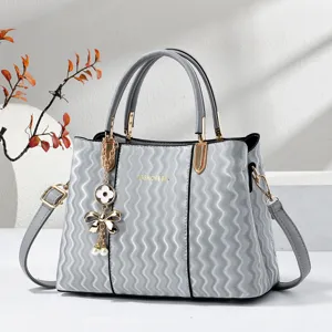 Grey women handbag stylish wave texture shoulder tote bag with cute bow and flower charm