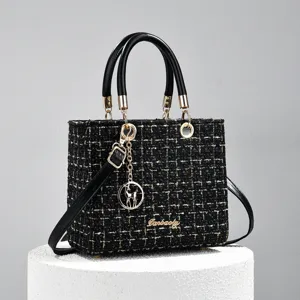 Women Tweed Top Handle Bag Luxury Designer Style Chain Crossbody Shoulder Bag Elegant Lady Square Handbag Satchel Purse