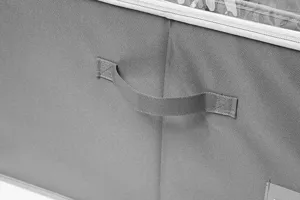 Graue Stoff-Aufbewahrungsbox Detailansicht, strapazierfähiger Griff und Reißverschluss.