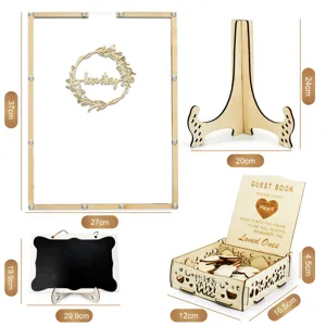 Wooden wedding guest book drop top frame set with heart tokens and display stand for party decor
