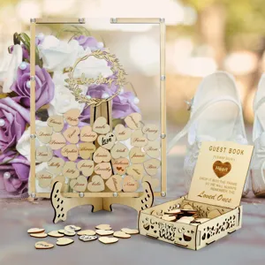 Wooden wedding guest book drop top frame with heart tokens and storage box for party decor.