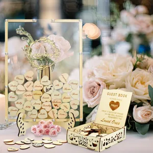 Wooden acrylic wedding guest book drop top frame set with heart wooden chips for party decor.
