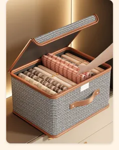 Tweed stoffen opbergdoos met deksel en handvat voor het organiseren van kleding in kast.