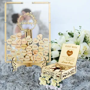 Acrylic wedding guest book drop top frame with heart wood slices for party decor.
