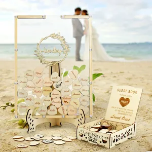Acrylic wedding guest book drop top frame with wooden hearts for bridal shower party decor.