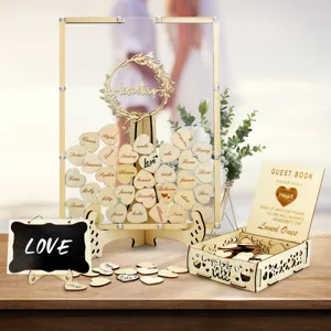 Wooden drop top guest book frame with heart tokens for wedding party decoration items.