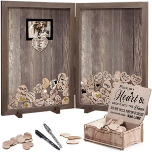 Wooden wedding guest book drop top frame set with heart shaped wooden chips and storage box.