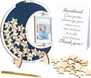 Moon shape guest book frame set with wooden stars, sign card and pen for wedding party decor.