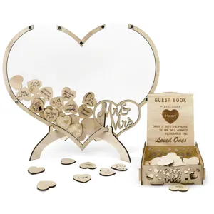 Wooden heart drop guest book set with acrylic frame, storage box, and small hearts for wedding.