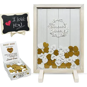 Wooden wedding guest book drop frame set with heart chips, acrylic frame, and box.