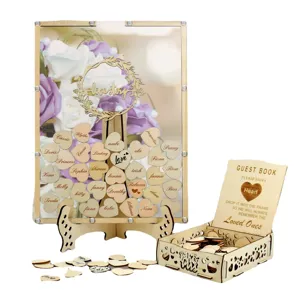 Wooden wedding guest book drop top frame set with heart tokens and storage box for party decor.