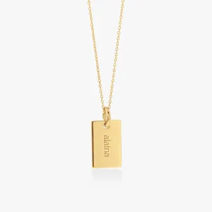 Minimalist gold stainless steel square tag pendant necklace with custom engraving for women.