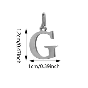 Stainless steel letter G pendant charm detail view, compact size with clear dimension specs.