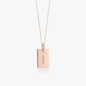 Minimalist 18K gold plated stainless steel rectangular pendant necklace with custom name engraving.