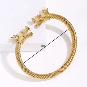 Bracelet jonc manchette tete de dragon en acier dore style punk pour homme fashion.
