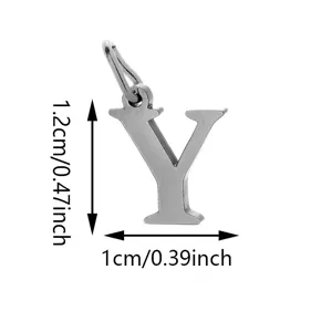 Stainless steel letter Y pendant close-up, showing detailed size dimensions and polished silver finish.