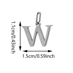 Stainless steel letter W pendant charm, DIY handmade jewelry accessory with size details.