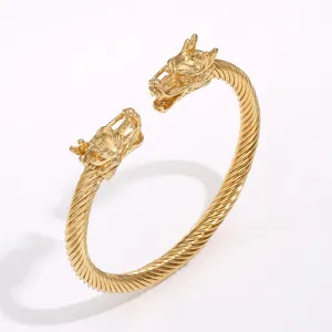 Bracelet manchette dragon or en acier inoxydable punk cable fil bijoux homme chic