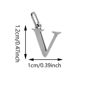 Stainless steel letter V pendant DIY jewelry charm component with measurement size.
