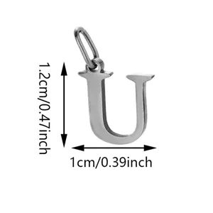 Detailed shot of stainless steel letter U pendant with dimensions, showing craft and size clearly.