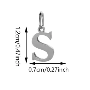 Stainless steel letter S pendant DIY jewelry accessory with clear size dimensions for crafting.