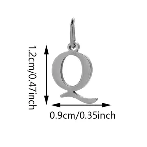 Stainless steel letter Q pendant accessory with dimensions, perfect for DIY jewelry making.