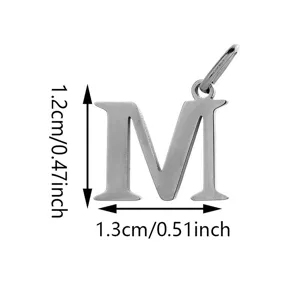 Stainless steel letter M pendant DIY charm jewelry accessory with detailed dimensions.