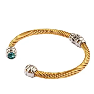 Mode Bracelet Jonc Ouvert en Fil de Câble Acier Inoxydable pour Femmes Électroplaqué Géométrique Strass Pierre Naissance Bijoux Cadeau