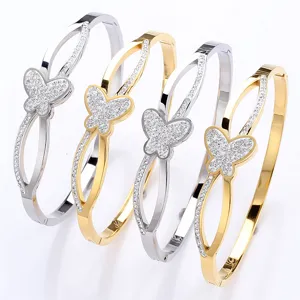 Stainless steel rhinestone butterfly cuff bracelet luxury crystal geometric jewelry for women