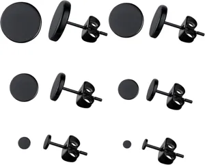 Black round stainless steel stud earrings detail view, minimalist metal ear jewelry piece.