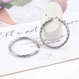 Close-up shot of silver twisted hoop earrings, stainless steel metal jewelry detail.